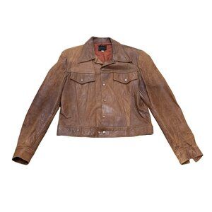 Vintage 1970s Brown Leather Trucker Jacket Distressed
